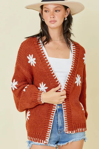 Rust Flower Knit Cardigan - Boutique Bella BellaCardigan