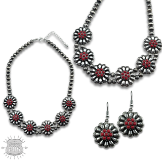Burnished bead, stone flower necklace set, last call