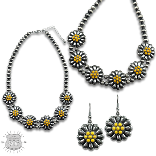 Burnished bead, stone flower necklace set, last call