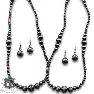 Burnished bead long necklace set