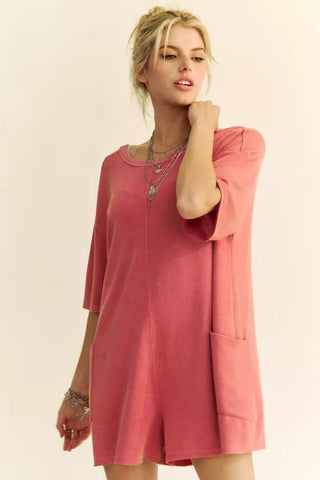 Salmon Mineral Washed Romper - Boutique Bella BellaRomper