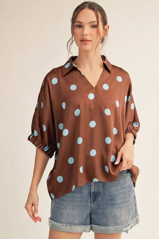 Satin Dot Society Collared Top - Boutique Bella BellaTop