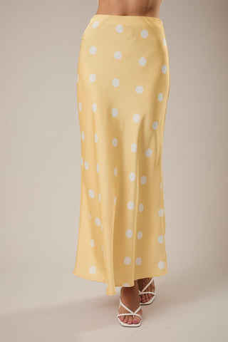 Satin Midi Skirt With Elastic Waist In Polka Dot - Butter Yellow - Boutique Bella BellaSkirt