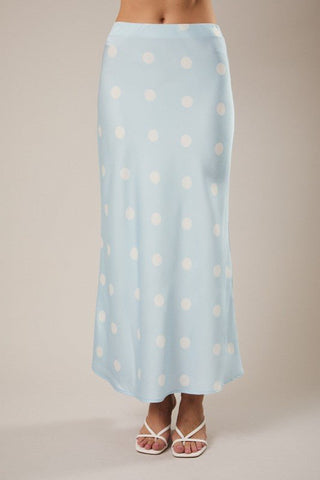 Satin Midi Skirt With Elastic Waist In Polka Dot - Lite Blue - Boutique Bella BellaSkirt