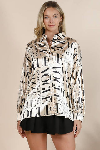 Satin Vogue Print Collar Button Down Shirt - Boutique Bella BellaTops