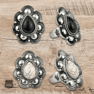 Scalloped stone teardrop stretch ring - Boutique Bella BellaRings