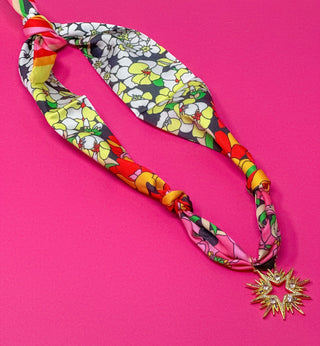 Scarf Charm Necklace - Black Multi with Rhinestone Star - Boutique Bella BellaNecklaces