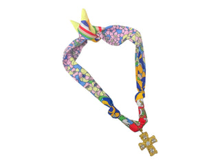 Scarf Charm Necklace - Blue Floral Multi with Rhinestone Cross - Boutique Bella BellaNecklaces