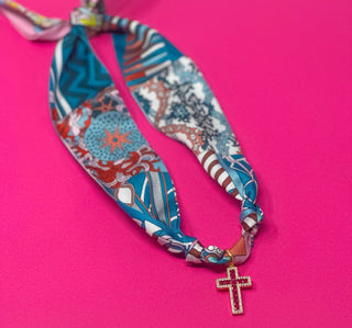 Scarf Charm Necklace - Blue, Purple and Mauve Print with Dark Pink Rhinestone Cross - Boutique Bella BellaNecklaces