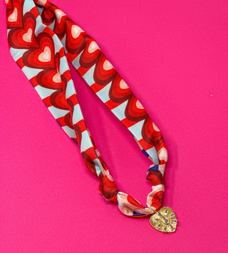 Scarf Charm Necklace - Red and Blue Heart Print with Small Rhinestone Heart Pendant - Boutique Bella BellaNecklaces