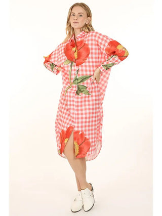 Scarlett Floral Printed Gingham Maxi Shirt Dress - Boutique Bella BellaDRESS
