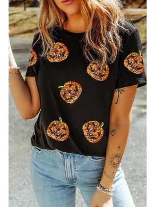 Sequin Pumpkin Face Halloween Tee - Boutique Bella BellaT-Shirt