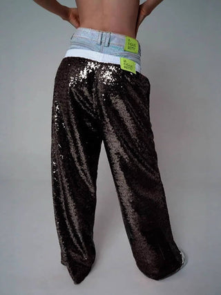 Sequins wide leg pants trousers - Black - Boutique Bella BellaPants