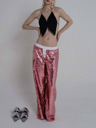 Sequins wide leg pants trousers - Pink - Boutique Bella BellaPants