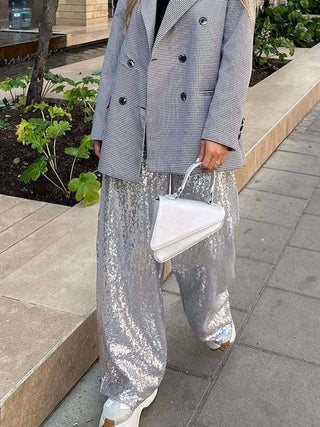 Sequins wide leg pants trousers - Silver - Boutique Bella BellaPants