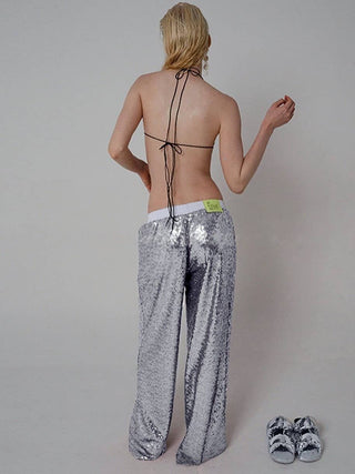 Sequins wide leg pants trousers - Silver - Boutique Bella BellaPants