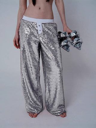 Sequins wide leg pants trousers - Silver - Boutique Bella BellaPants