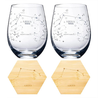 Set Of 2 Zodiac Sign Wine Glasses With 2 Wooden Coasters By Astrology Drinking Glass - Boutique Bella Bella