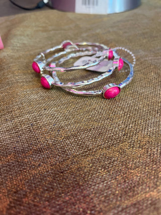 Set/3 Silver Bangles - Pink Stones - Boutique Bella BellaJewlery