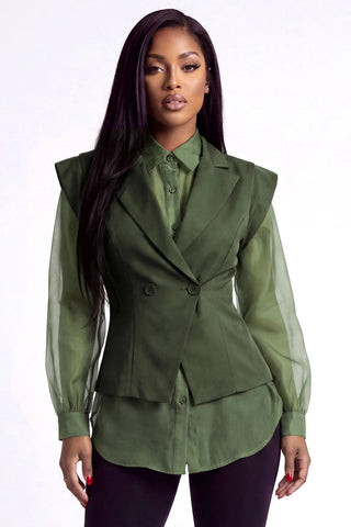 Sheer Long-Sleeve Shirt & Vest Set - Boutique Bella BellaBlouse