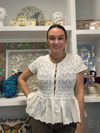 Short Sleeve Crochet Sweater with Ruffle Bottom - Boutique Bella BellaSweater