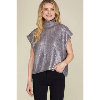 Silver Metallic Short Sleeve Sweater Top - Boutique Bella BellaSweater Top