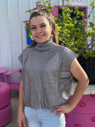 Silver Metallic Short Sleeve Sweater Top - Boutique Bella BellaSweater Top