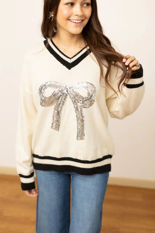 Silver Sequin Bow On Varsity Sweater - Boutique Bella Bella