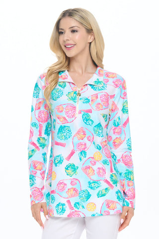 Sky Blue Half Zip Pullover w/ Multi Seashell Designs - Boutique Bella BellaActive Wear Top