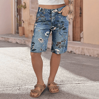 Slimming Floral Print Wide - Leg Denim Bermuda Shorts - Boutique Bella BellaShorts