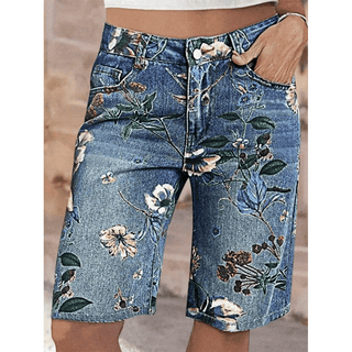 Slimming Floral Print Wide - Leg Denim Bermuda Shorts - Boutique Bella BellaShorts