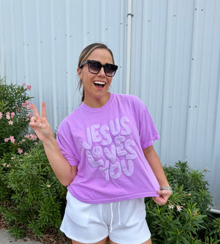 Smiley Jesus Loves You Puff Cropped Tee - Boutique Bella BellaGraphic Tees