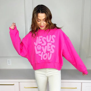 Smiley Jesus Loves You Puff Pink Crop Sweatshirt - Boutique Bella BellaSweatshirt