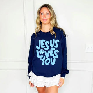 Smiley Jesus Loves You Puff Sweatshirt - Boutique Bella BellaSweatshirt