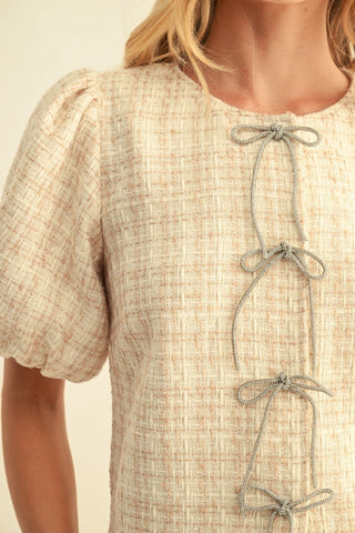 Sparkling Tweed Top W/Rhinestone Bow - Boutique Bella BellaTop