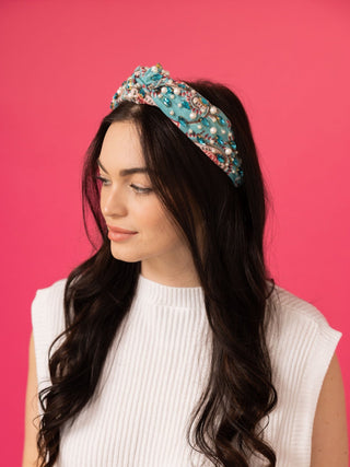 Spring Floral Print Headband - Blue Rhinestone Pink Paisley - Boutique Bella BellaDistress