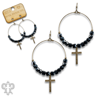 Square crystal bead earring with small gold cross charm, last call - Boutique Bella BellaEarrings