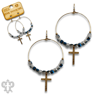 Square crystal bead earring with small gold cross charm, last call - Boutique Bella BellaEarrings
