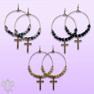 Square crystal bead earring with small gold cross charm, last call - Boutique Bella BellaEarrings