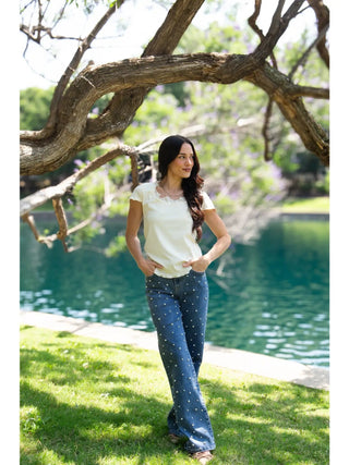 Square Neck Tee with Lace Trim, Ivory - Boutique Bella BellaTops