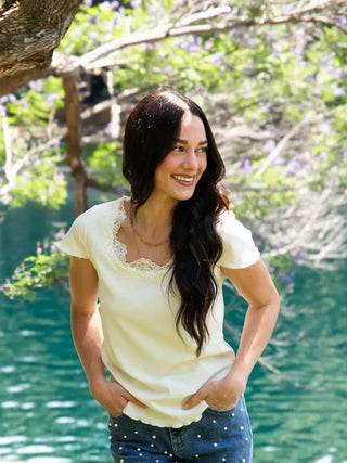 Square Neck Tee with Lace Trim, Ivory - Boutique Bella BellaTops