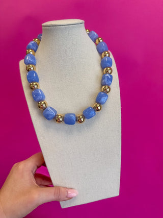 Statement Bead Necklace with Mix Gold Bead - Sky Blue - Boutique Bella BellaNecklaces