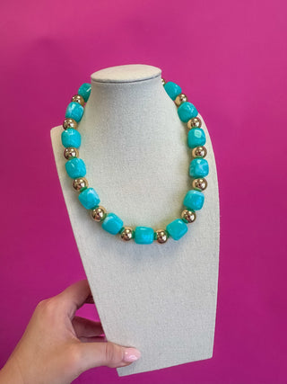 Statement Bead Necklace with Mix Gold Bead - Turquoise - Boutique Bella BellaNecklaces