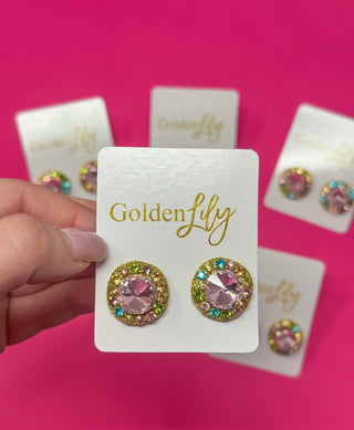 Statement Stud Earrings - Pink with Multi Stones - Boutique Bella BellaEarrings