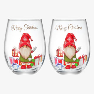Stemless Christmas Gnome Wine Glass Single Red Green Cheer For Holiday Gift And Winter Season 17 Oz - Boutique Bella Bella