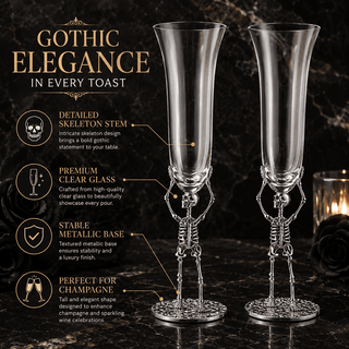 Stemmed Skeleton Champagne Flute Glass Set Of 2 7 5OZ Halloween Skeleton Glasses 10 H Goth Gifts Ske - Boutique Bella BellaWine Glasses