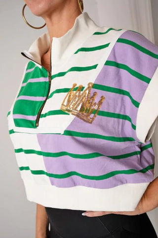 Striped 1/4 Zip Vest Crop Top - Boutique Bella BellaTops