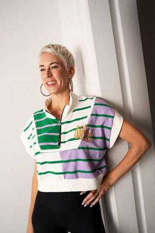 Striped 1/4 Zip Vest Crop Top - Boutique Bella BellaTops