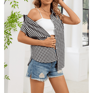 Summer Casual Plaid Sleeveless Loose Shirt WZD105 - Boutique Bella Bellashirt