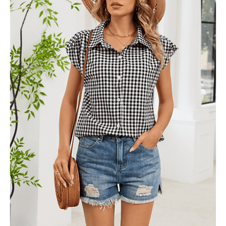 Summer Casual Plaid Sleeveless Loose Shirt WZD105 - Boutique Bella Bellashirt